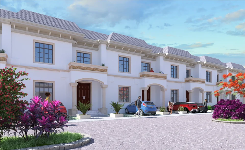Artist's impression of white two-storey villas with flowering plants at Golden City