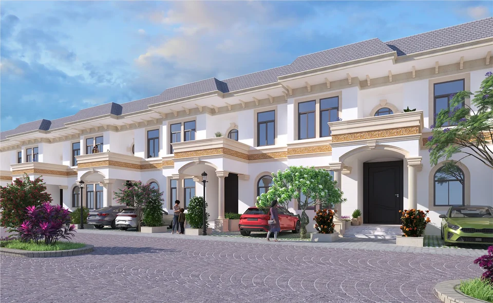 Artist's impression of a row of white villas with cars parked in front at Golden City