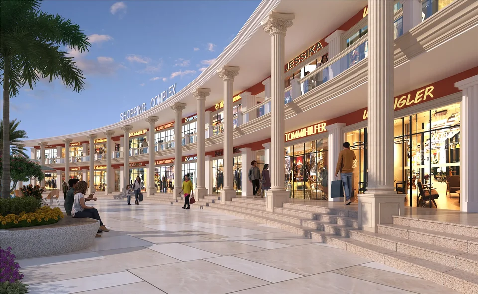 Artist's impression of the arcade of shops in Golden City's commercial complex
