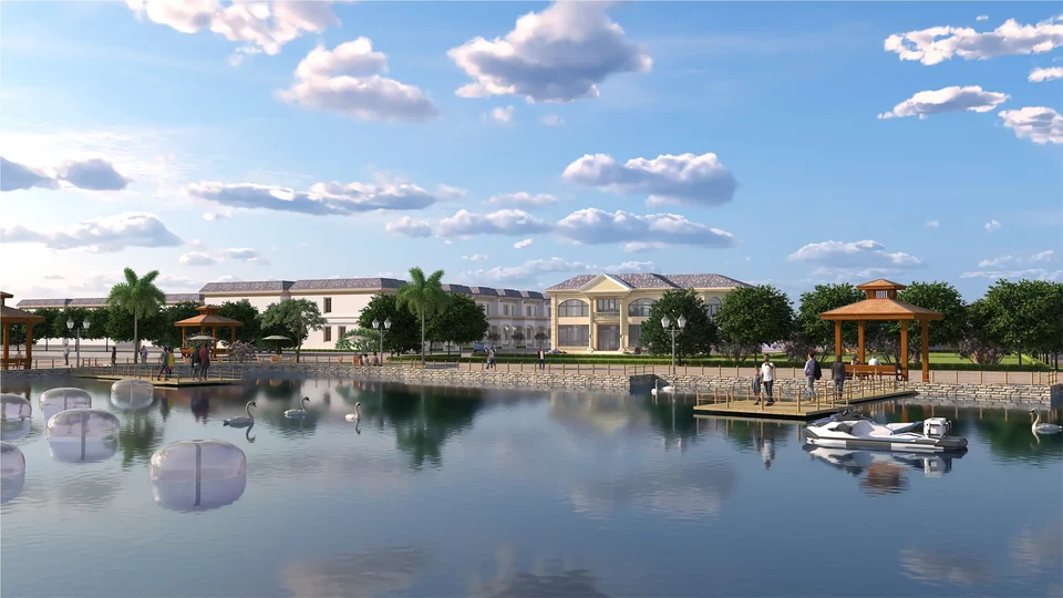 Artist's impression of a lake with a gazebo and villas along its shore at Golden City