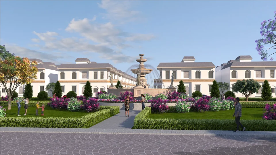 Artist's impression of a landscaped garden with a fountain between villas at Golden City