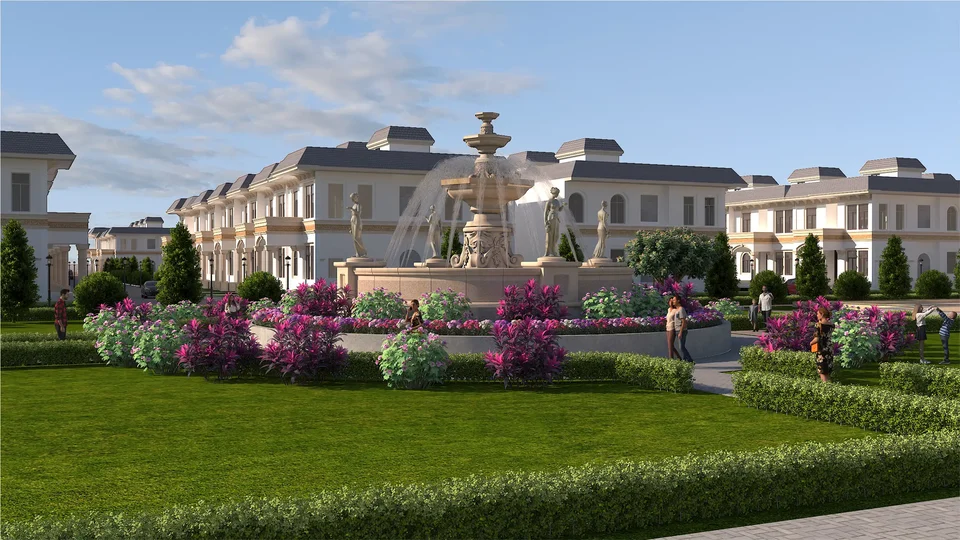 Artist's impression of lawns and flowerbeds around a fountain at Golden City
