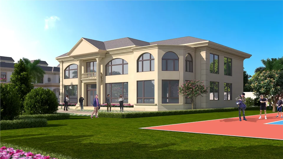 Artist's impression of Golden City's clubhouse beside a sports court