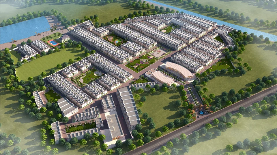 Aerial artist's impression of the Golden City township layout with a lake and green spaces