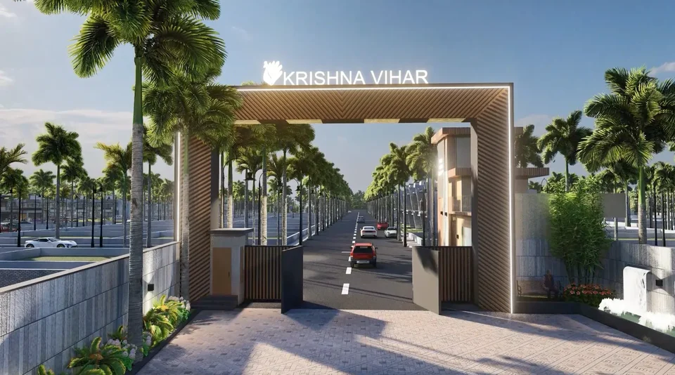 Artist's impression of the Krishna Vihar entrance gate on a palm-lined road