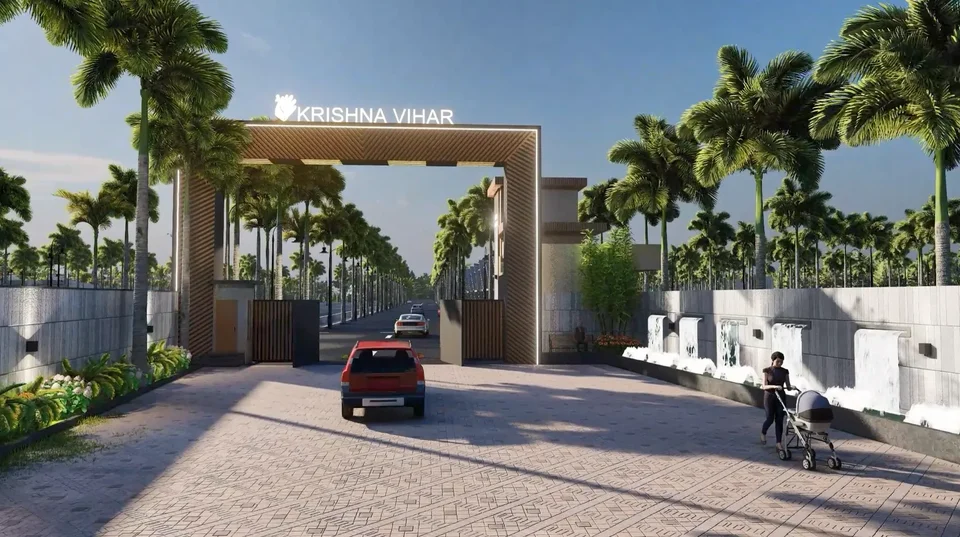 Artist's impression of the Krishna Vihar gate with a car driving out