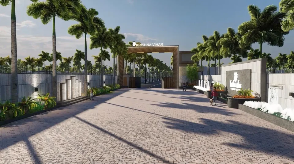 Artist's impression of the paved plaza in front of the Krishna Vihar gate