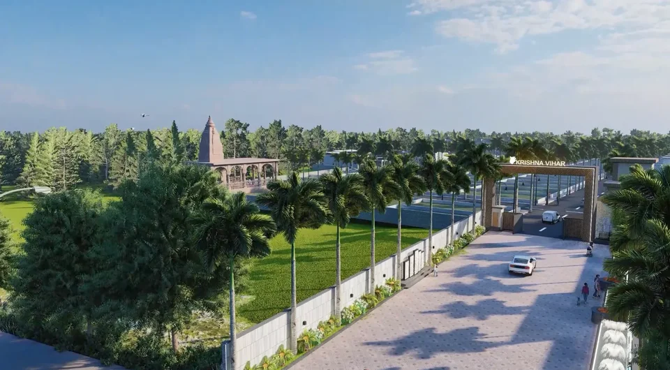Artist's impression of Krishna Vihar Green City from above, with a temple and green lawns