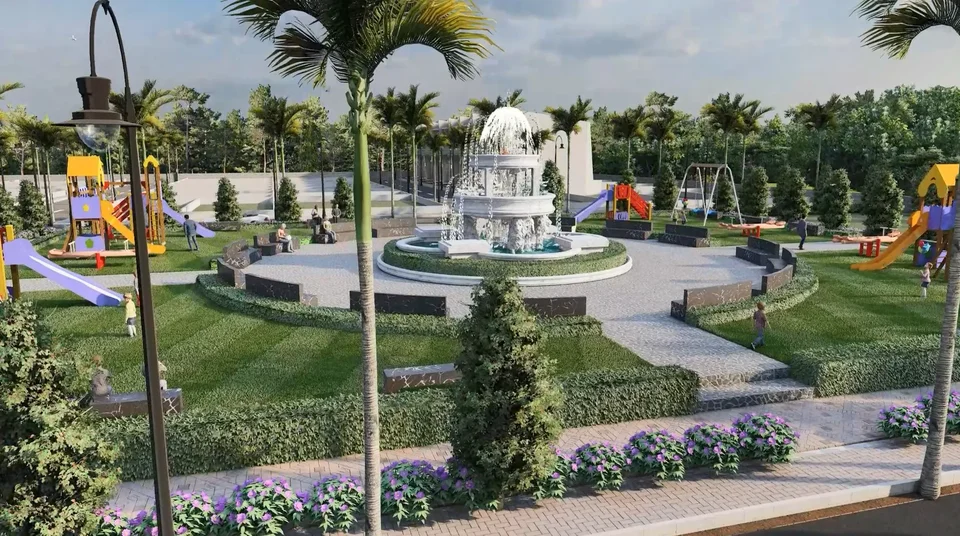 Artist's impression of a park with a fountain and children's play area