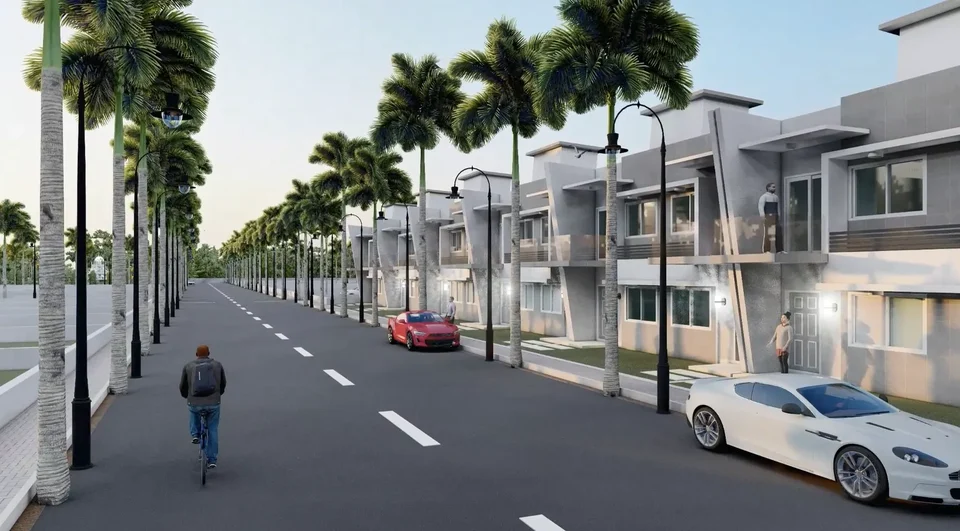 Artist's impression of a wide street lined with lamps, palms and homes