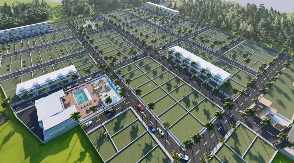 Aerial artist's impression of plots, roads and a clubhouse with a pool