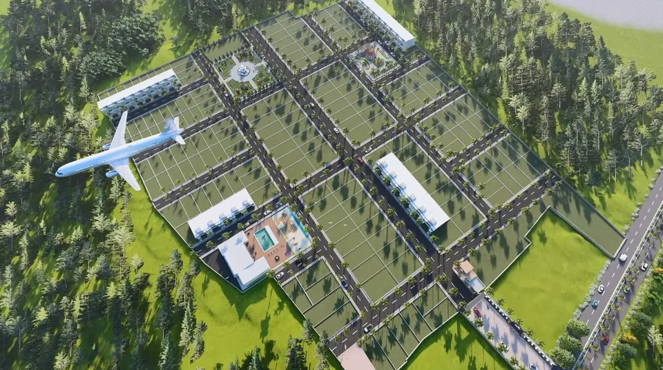 Aerial artist's impression of the plot layout with a plane flying overhead