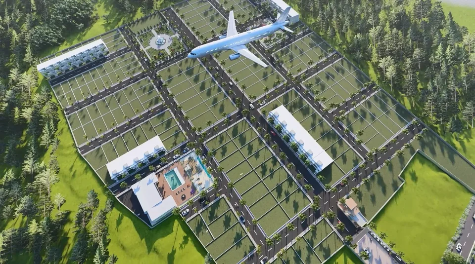 Aerial artist's impression of the clubhouse and plots with a plane overhead