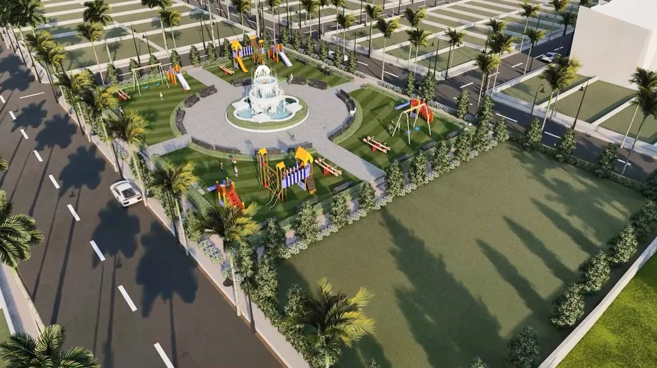 Aerial artist's impression of a central park with a fountain and play equipment
