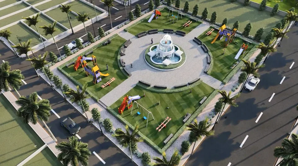 Artist's impression of the central park's fountain and play area from above