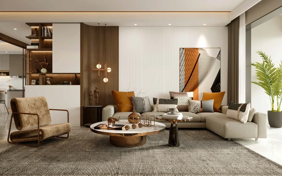A furnished living room with a sectional sofa and round coffee table