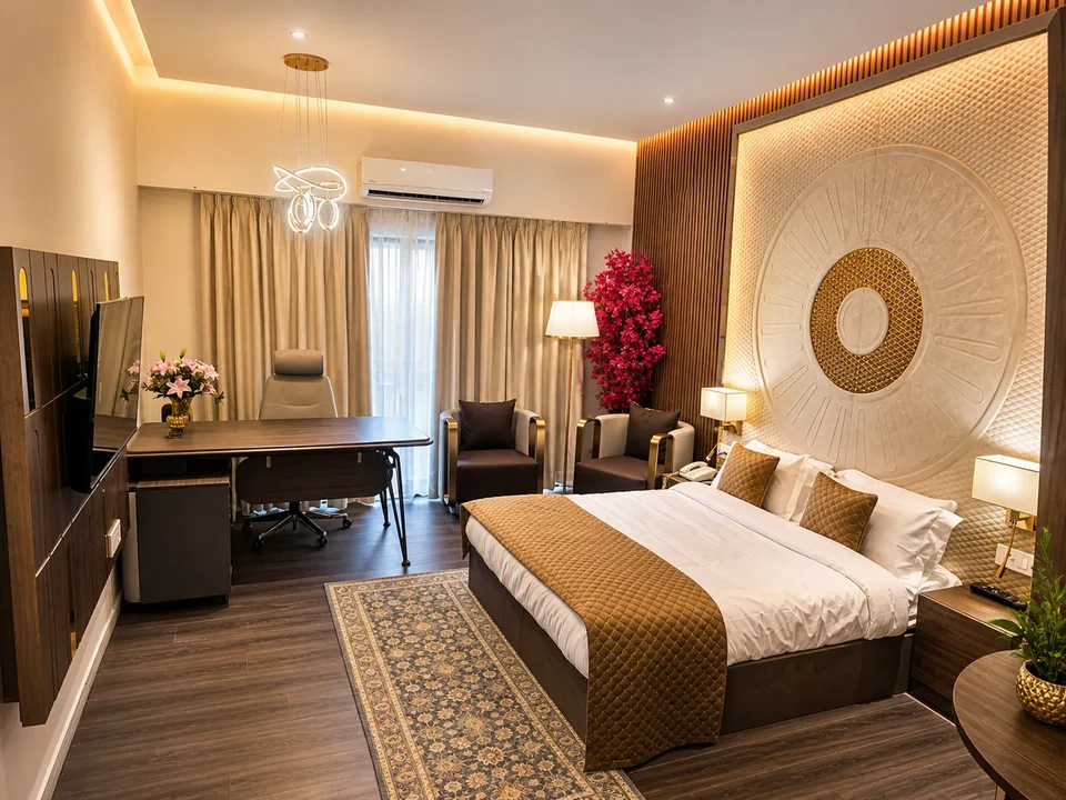 A furnished bedroom with a double bed, desk and warm lighting
