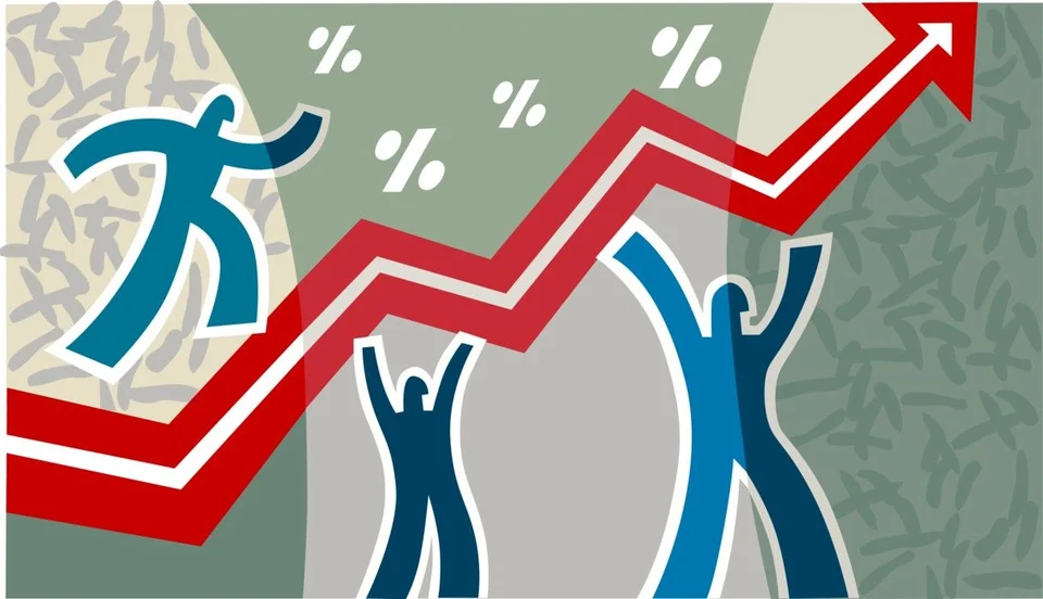 Illustration of figures with arms raised around a red arrow zigzagging upward, with percentage signs floating above.