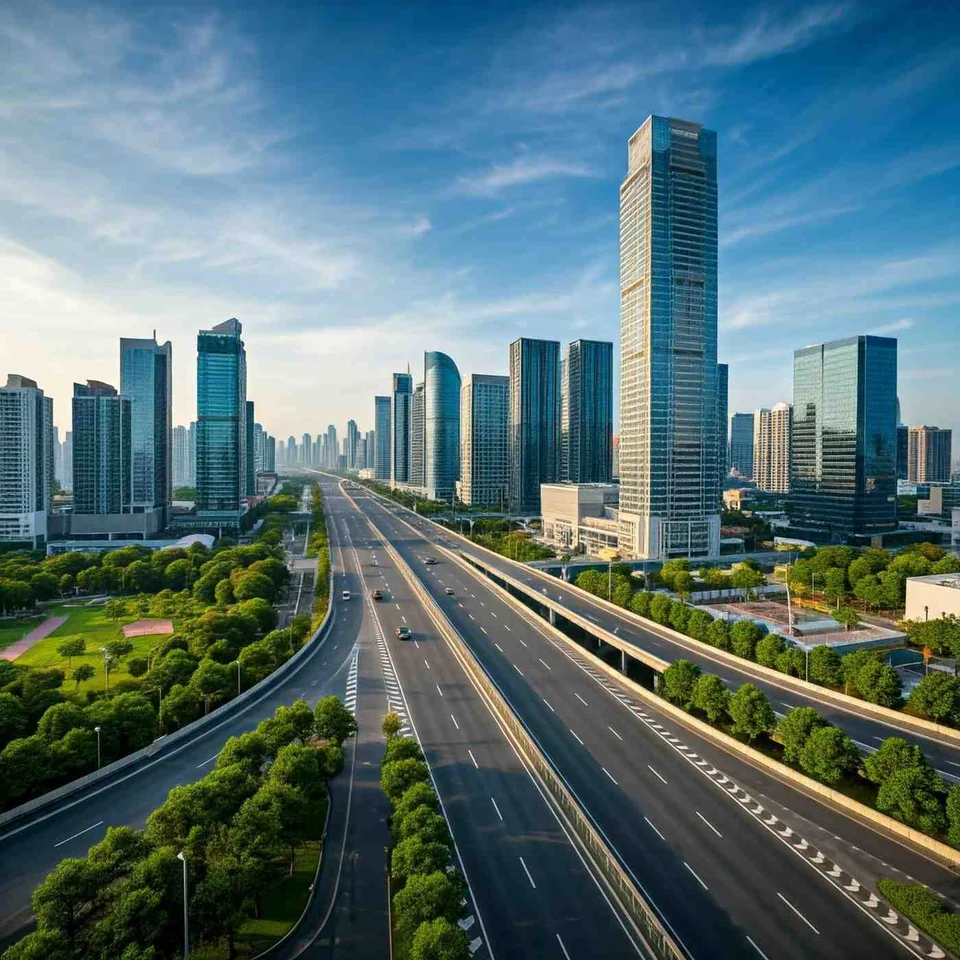 Wide multi-lane expressway with light traffic, lined with trees and parkland, leading towards a cluster of glass high-rise towers under a blue sky.