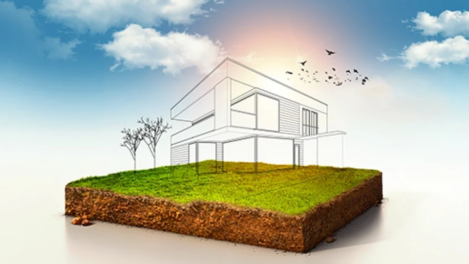 Illustration of a grassy block of land with its soil cross-section visible, a line sketch of a modern two-storey house drawn on top and birds in a bright sky.