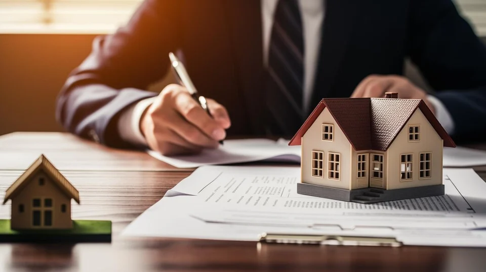 Man in a suit signing papers at a wooden desk, with two small model houses in front of him.