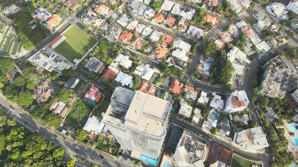 Aerial view of a neighbourhood of houses and apartment blocks